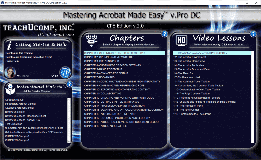 Buy Acrobat Training at TeachUcomp, Inc.: A picture of the interface for the digital download or DVD versions of “Mastering Acrobat Made Easy v.Pro DC,” the Acrobat tutorial from TeachUcomp, Inc.