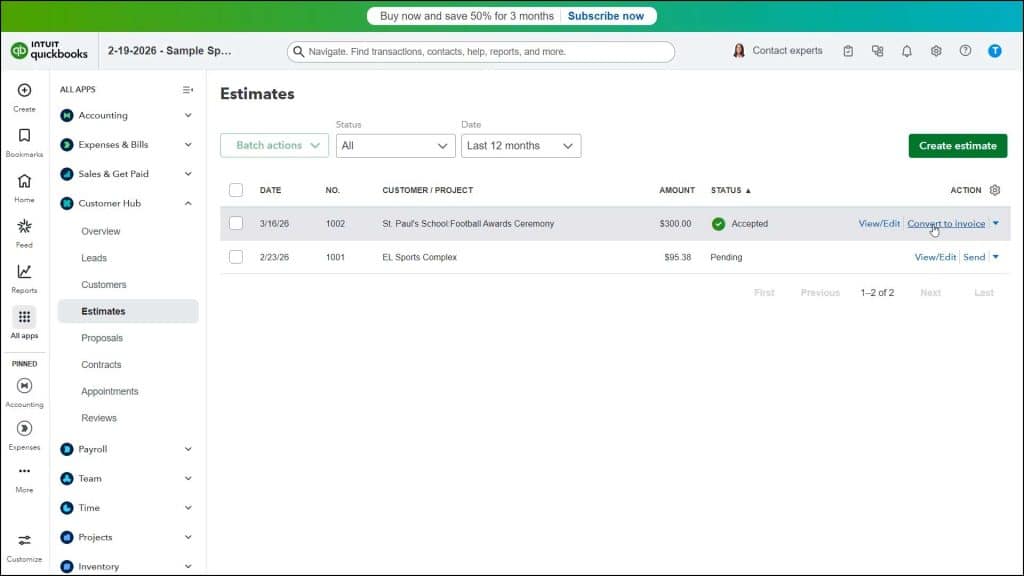 A picture showing how to invoice from an estimate in QuickBooks Online.