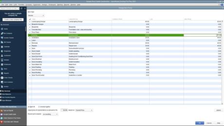 A picture showing how to change item prices in QuickBooks Desktop Pro by using the “Change Item Prices” window.