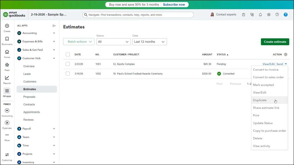 A picture showing how to duplicate an estimate in QuickBooks Online.