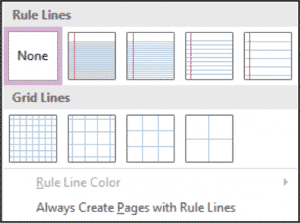 Format Page Backgrounds in OneNote- Tutorial: A picture of the "Rule Lines" drop-down menu within OneNote 2013.
