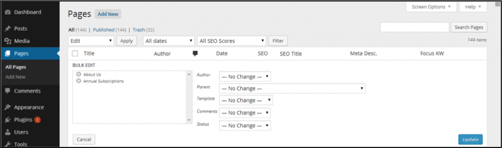 Bulk Edit in WordPress- Tutorial and Instructions: A picture of the "BULK EDIT" panel that appears when editing "Pages" within WordPress 4.0.
