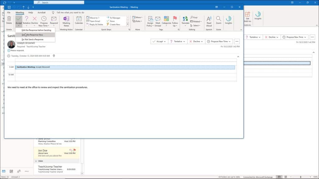 Respond to Meeting Requests in Outlook- Instructions: A picture of a user accepting a meeting request and choosing how to send the response within Outlook.