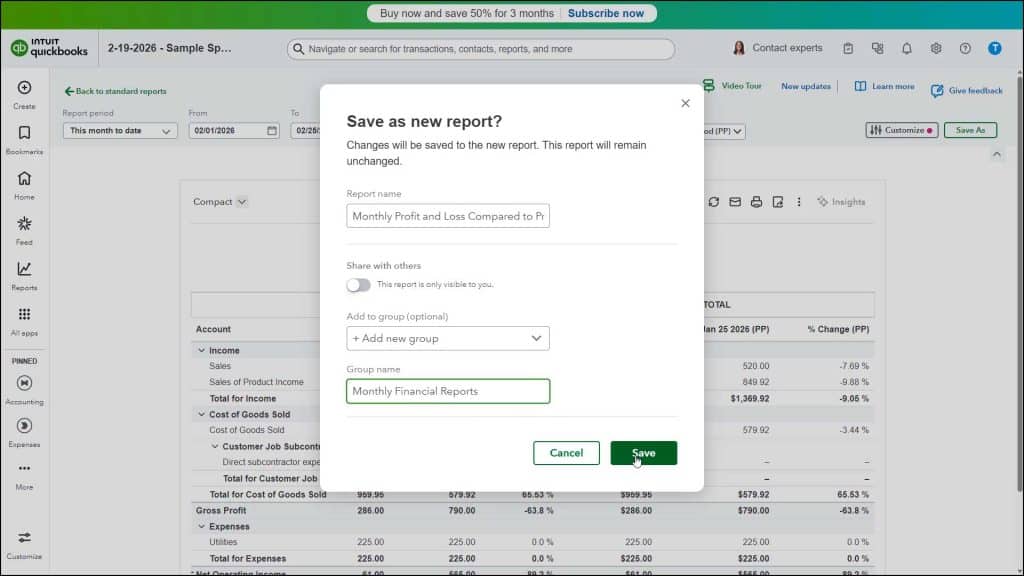 A picture showing how to save custom reports in QuickBooks Online.