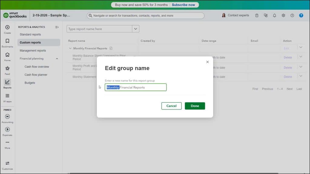 A picture showing how to rename report groups in QuickBooks Online.