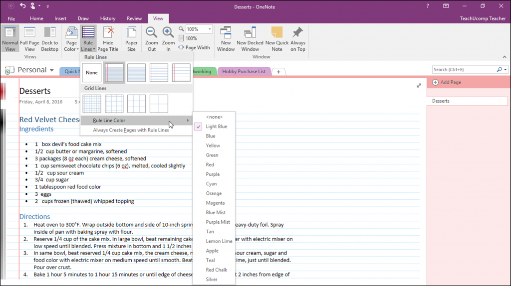 Format Page Backgrounds in OneNote- Tutorial: A picture of the “Rule Lines” drop-down menu within OneNote.