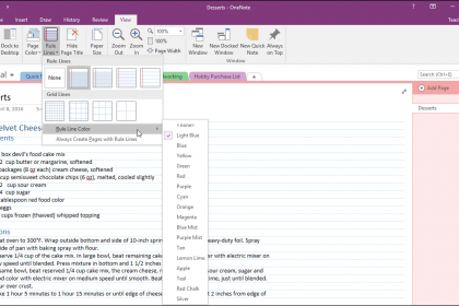 Format Page Backgrounds in OneNote- Tutorial: A picture of the “Rule Lines” drop-down menu within OneNote.