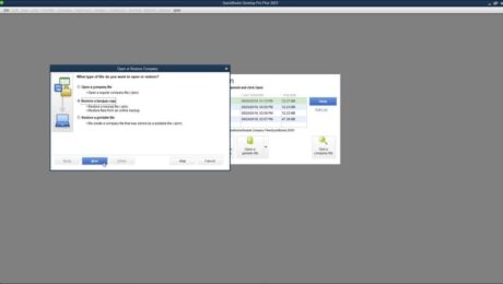 A picture showing how to restore a QuickBooks company file from a local backup.