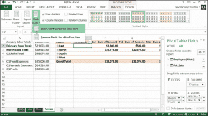 Format a PivotTable in Excel 2013- Tutorial: A picture of the "Design" tab within the "PivotTable Tools" contextual tab in the Ribbon of Excel 2013.