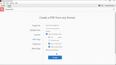 Create a PDF from a Web Page in Acrobat - Instructions: A picture of a user creating a PDF from a web page URL in Acrobat Pro DC.