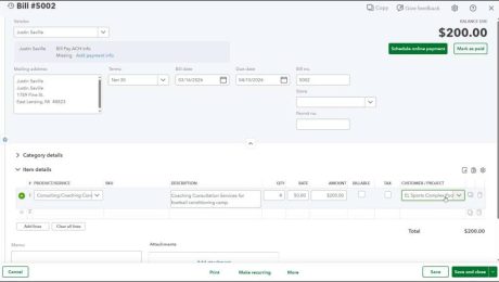 blog-4-1-2026-howtotrackprojectcostsinquickbooksonline A picture showing how to track project costs in QuickBooks Online Plus by manually selecting an associated customer or project for line items in a bill.