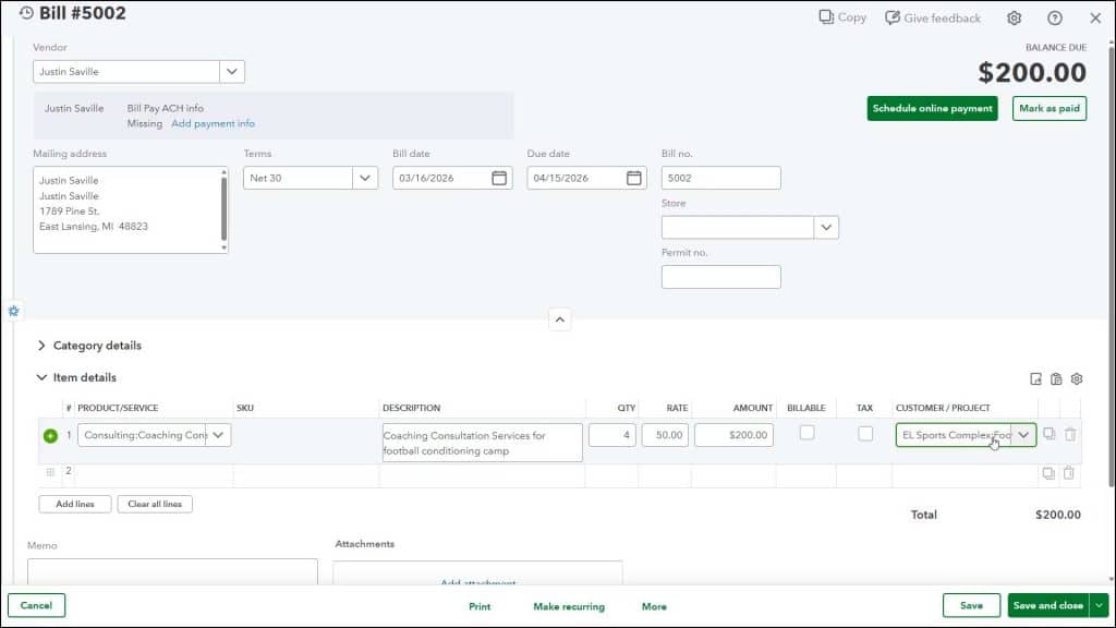 A picture showing how to track project costs in QuickBooks Online Plus by manually selecting an associated customer or project for line items in a bill.
