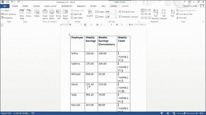 View Formulas in a Table in Word - Tutorial: A picture of a table in Word 2013 with its formula field codes displayed.