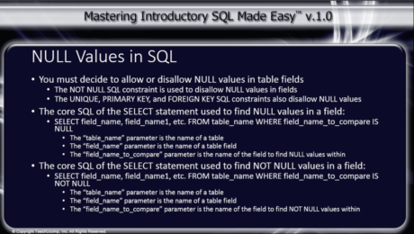 NULL Values in SQL - Tutorial: A picture of the main bullet points of the lesson on NULL values in SQL.