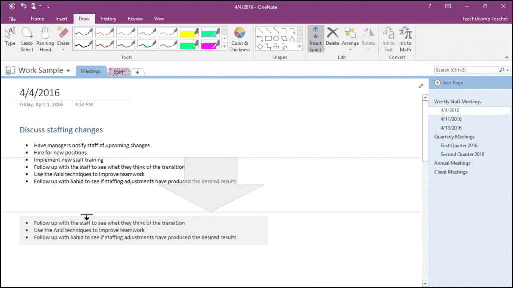 Add or Remove Note Space in OneNote - Instructions: A picture of a user adding space between notes in OneNote 2016.