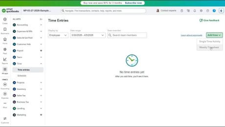 A picture showing how to create basic time tracking entries in QuickBooks Online Plus.