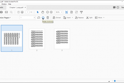 Rotate Pages in Acrobat- Instructions: A picture showing show to rotate pages in Acrobat Pro DC by using the “Organize Pages” view.