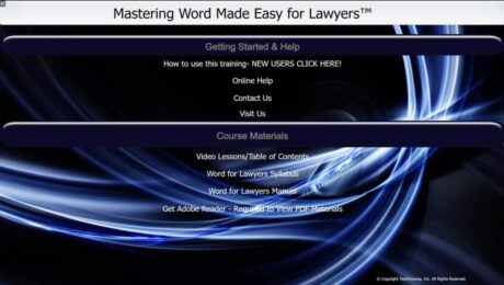A picture of the digital download and DVD version training interface for TeachUcomp, Inc.’s Word for Microsoft 365 training for lawyers, titled Mastering Word Made Easy™ for Lawyers.