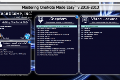 Buy OneNote 2016 Training: A picture of the user interface for the DVD or digital download version of Mastering OneNote Made Easy v.2016-2013.