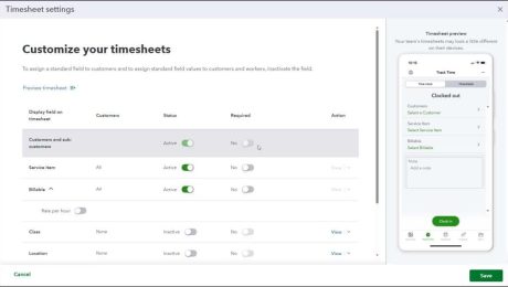A picture showing how to set the Timesheet preferences in QuickBooks Time and QuickBooks Online.