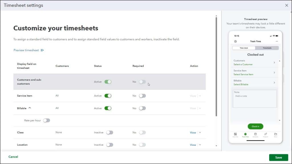 A picture showing how to set the Timesheet preferences in QuickBooks Time and QuickBooks Online.