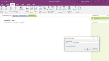 Insert Online Video in OneNote 2016 - Tutorial: A picture of the 