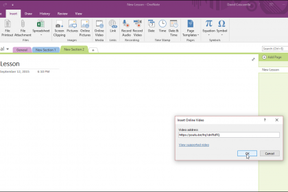 Insert Online Video in OneNote 2016 - Tutorial: A picture of the 