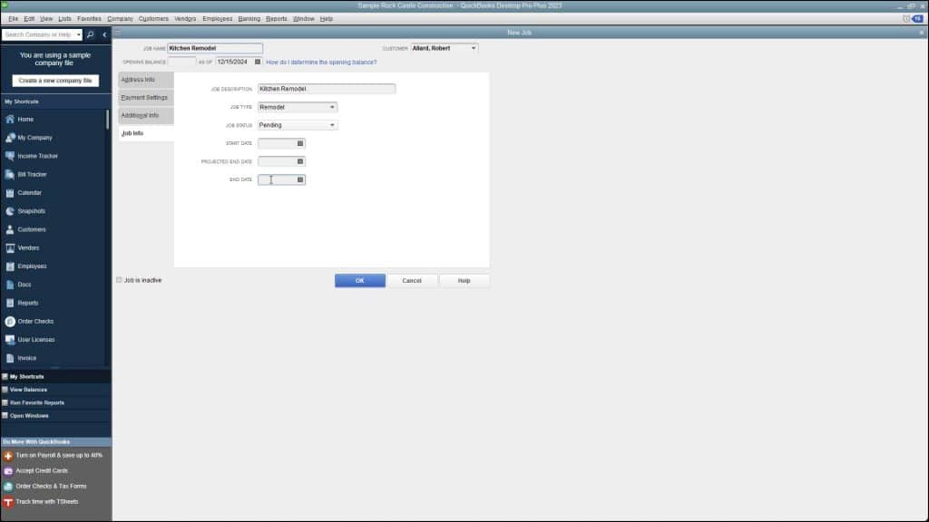 A picture showing how to create a new job in QuickBooks Desktop Pro in the “New Job” window.
