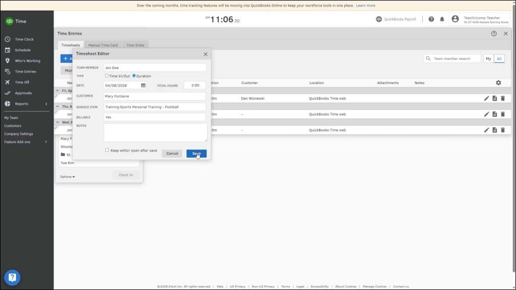 A picture showing how to enter time in QuickBooks Online via the QuickBooks Time program.
