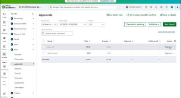 blog-4-22-2026-approvetimefromquickbookstimeinquickbooksonline A picture showing how to approve time from QuickBooks Time in QuickBooks Online.