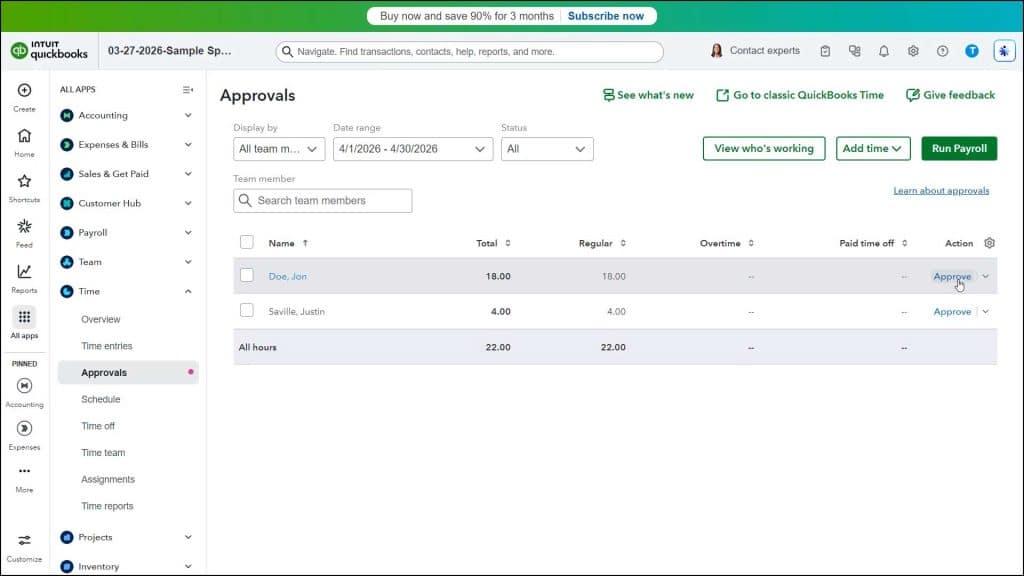 A picture showing how to approve time from QuickBooks Time in QuickBooks Online.