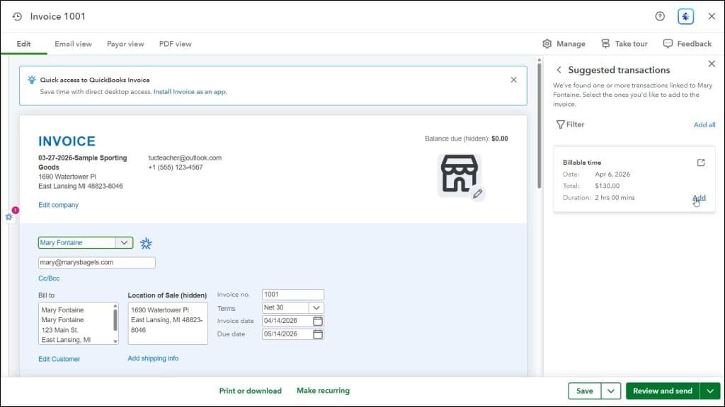 A picture showing a user invoicing from time data in QuickBooks Online Plus.