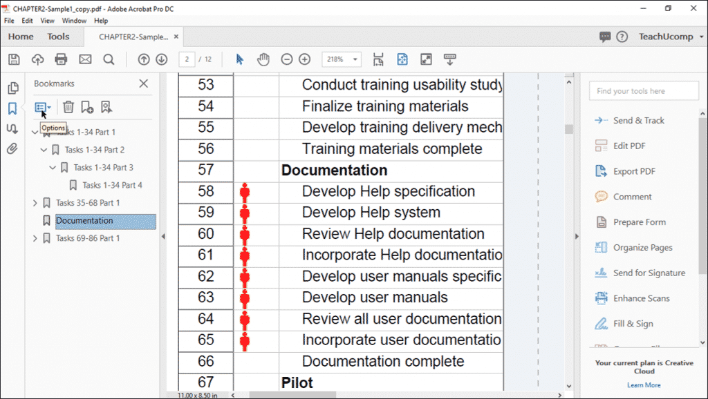 Add Bookmarks to a PDF in Acrobat - Instructions: A picture of a user about to click the “Options” button in the Bookmarks panel to set the destination for a selected bookmark.