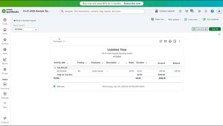 A picture of the Unbilled Time report, which is one of four time reports in QuickBooks Online.