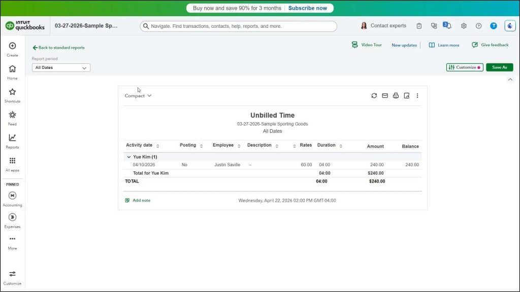A picture of the Unbilled Time report, which is one of four time reports in QuickBooks Online.