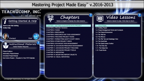 Project 2016 Tutorial: A picture of the Mastering Project Made Easy v.2016-2013 training interface for DVD or digital downloads.
