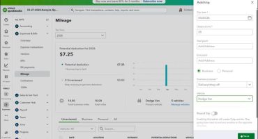 blog-4-30-2026-howtoentermileageinquickbooksonline A picture showing how to enter mileage in QuickBooks Online by manually adding a trip.