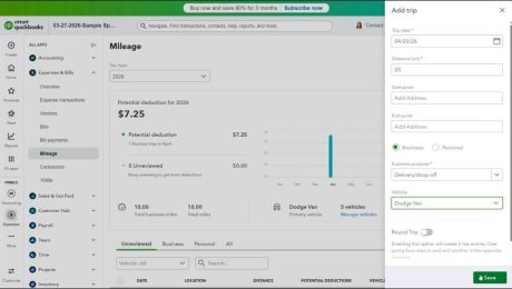 A picture showing how to enter mileage in QuickBooks Online by manually adding a trip.