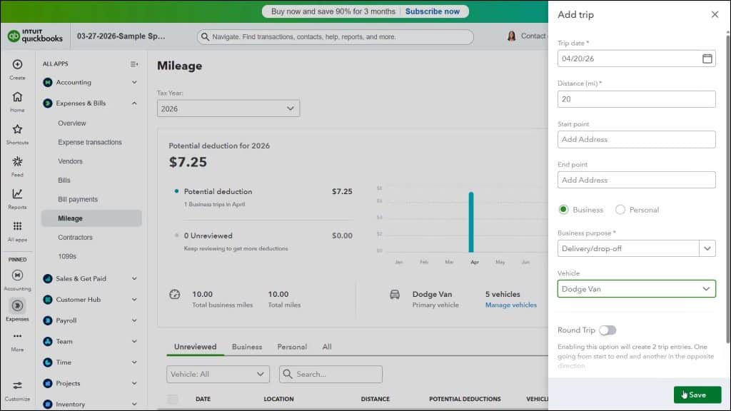 A picture showing how to enter mileage in QuickBooks Online by manually adding a trip.