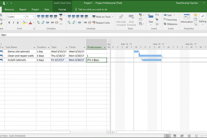 Set Task Lead and Lag Time in Project - Instructions: A picture of a user adding lead time to a task in Microsoft Project.