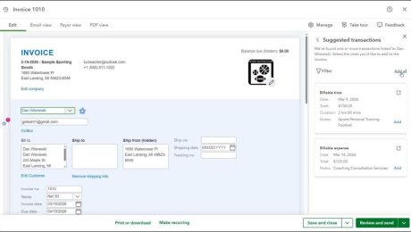 blog-4-7-2026-howtoinvoiceforbillablecostsinquickbooksonline A picture showing how to invoice for billable costs in QuickBooks Online by adding billable time and expenses from the “Suggested transactions” pane within an invoice.