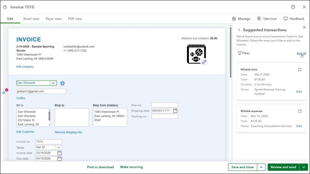 A picture showing how to invoice for billable costs in QuickBooks Online by adding billable time and expenses from the “Suggested transactions” pane within an invoice.