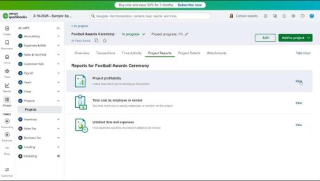 A picture showing how to view the project reports in QuickBooks Online Plus.