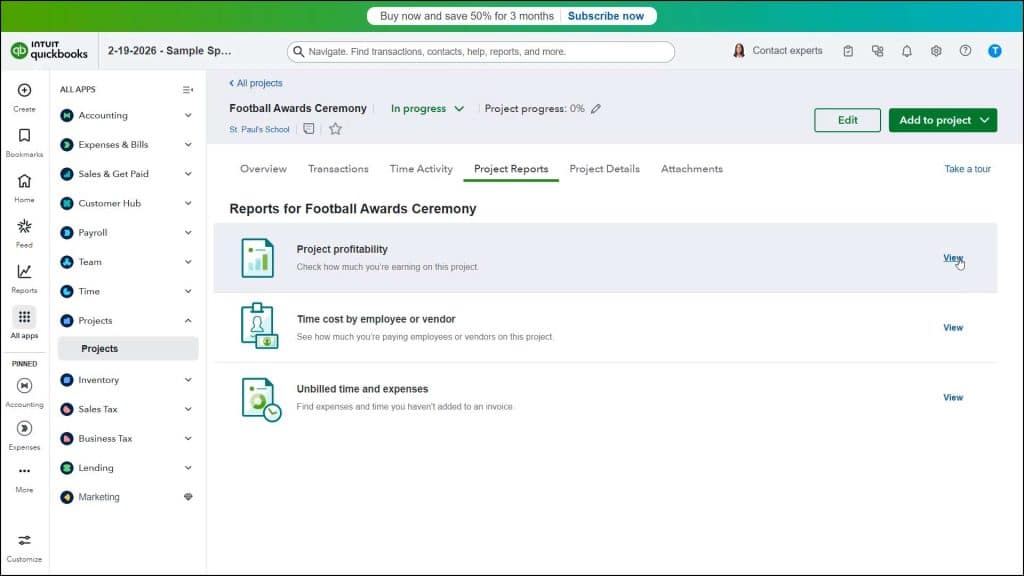 A picture showing how to view the project reports in QuickBooks Online Plus.