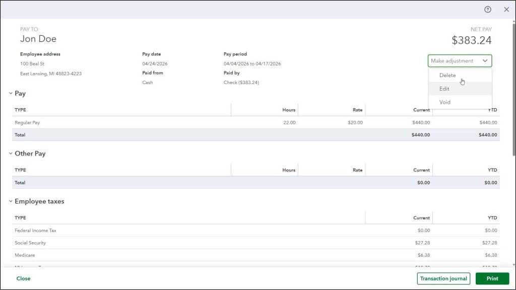 Print, Edit, Delete, or Void a Paycheck in QuickBooks Online