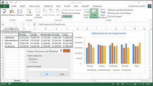 Workbook Protection in Excel- Tutorial: A picture of the "Protect Structure and Windows" dialog box that is used to apply workbook protection in Excel.