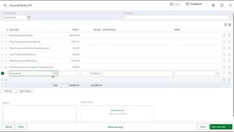 A picture showing a simple example of how to manually record external payroll in QuickBooks Online within a journal entry if you use a third-party payroll service.