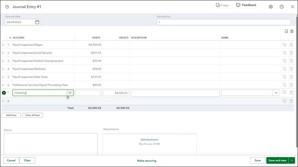 A picture showing a simple example of how to manually record external payroll in QuickBooks Online within a journal entry if you use a third-party payroll service.