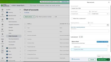 A picture showing how to create a credit card account in QuickBooks Online.