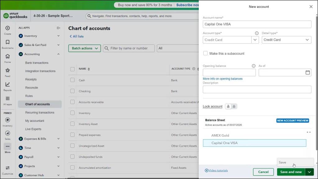 A picture showing how to create a credit card account in QuickBooks Online.